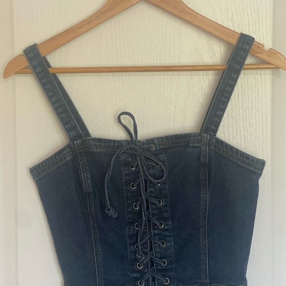 REFORMATION Denim LEXI Crop Blue Sleeveless Square Neckline Bustier Tie Front 4 - Picture 3 of 12